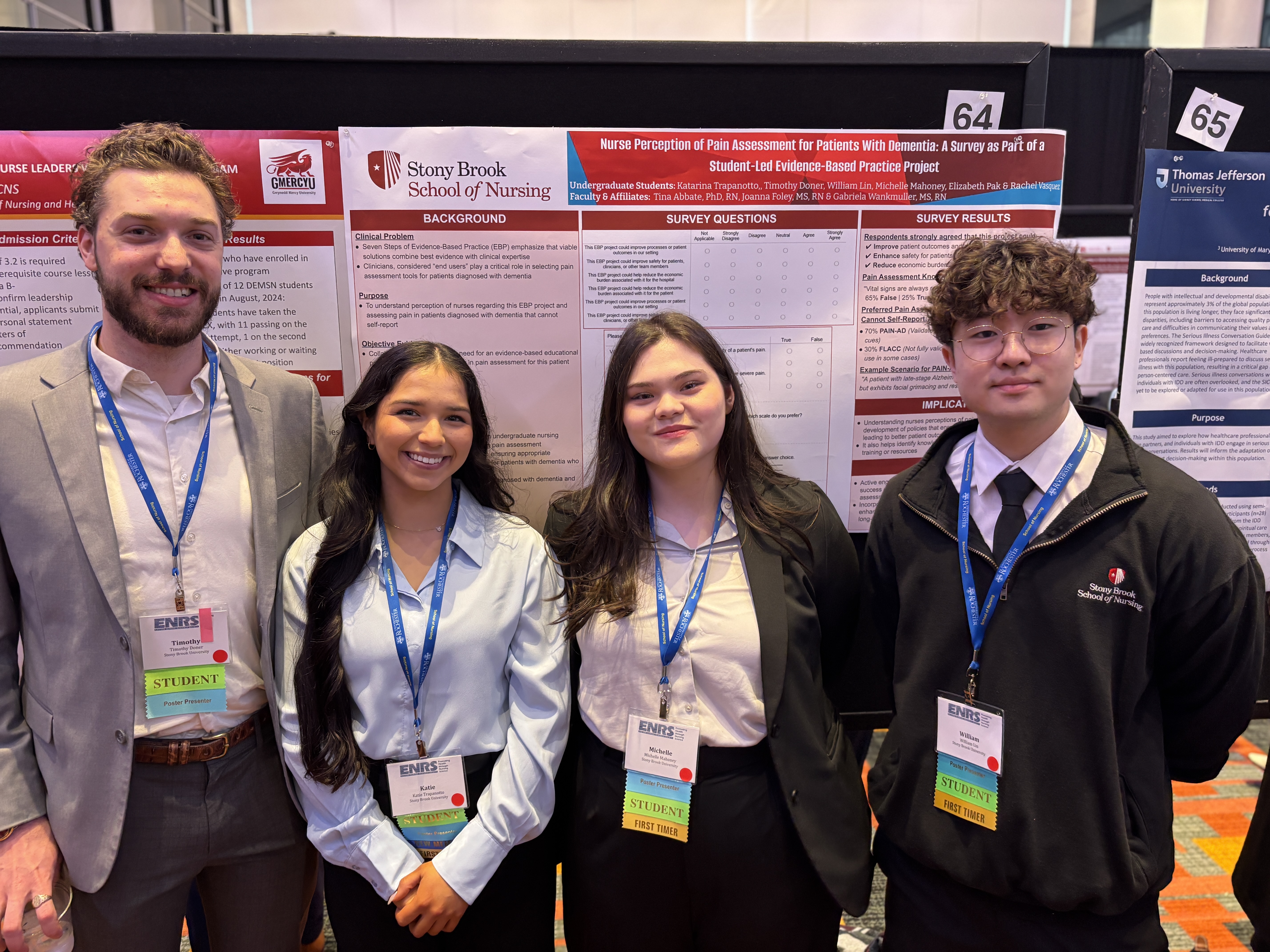 L to R: Undergraduate Students Timothy Doner, Katie Trapanotto, Michelle Mahoney, William Lin presenting their poster on Nurse Perception of Pain Assessment for Patients With Dementia: A Survey as Part of a Student–Led Evidence–Based Practice Project