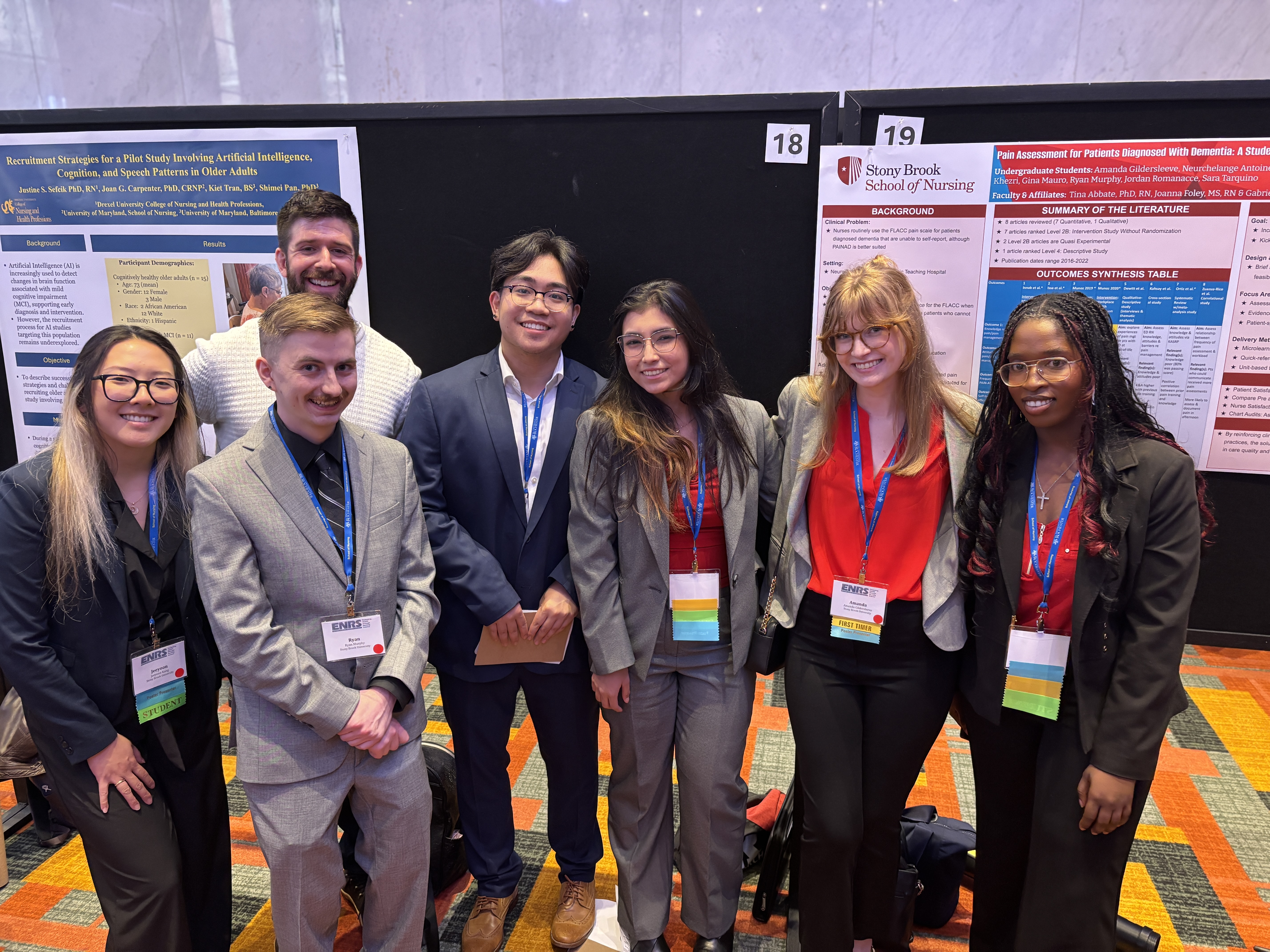 L to R: Undergraduate Students Jeeyoon Kang, Jordan Romanacce, Ryan Murphy, Antonio Bello, Sara Tarquino, Amanda Gildersleeve, Neurchelange Antoine presenting their poster on Pain Assessment for Patients Diagnosed With Dementia: A Student–Led Evidence–Based Practice Project