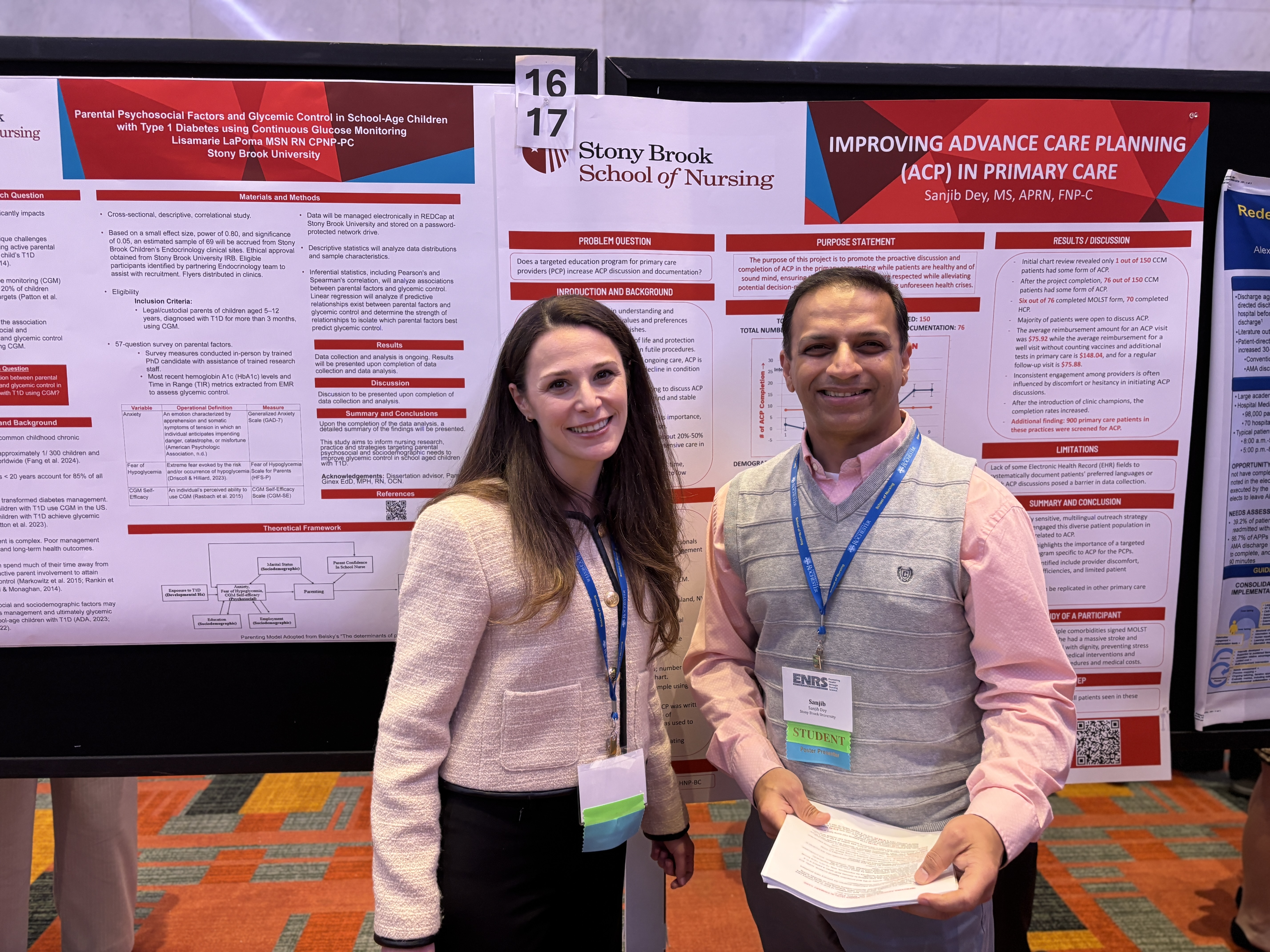 Lisamarie LaPoma, PhD Student and Sanjib Dey, DNP student, presenting their respective posters on Parental Psychosocial Factors and Glycemic Control in School–Age Children with Type 1 Diabetes using Continuous Glucose Monitoring and Improving Advance Care Planning (ACP) in Primary Care