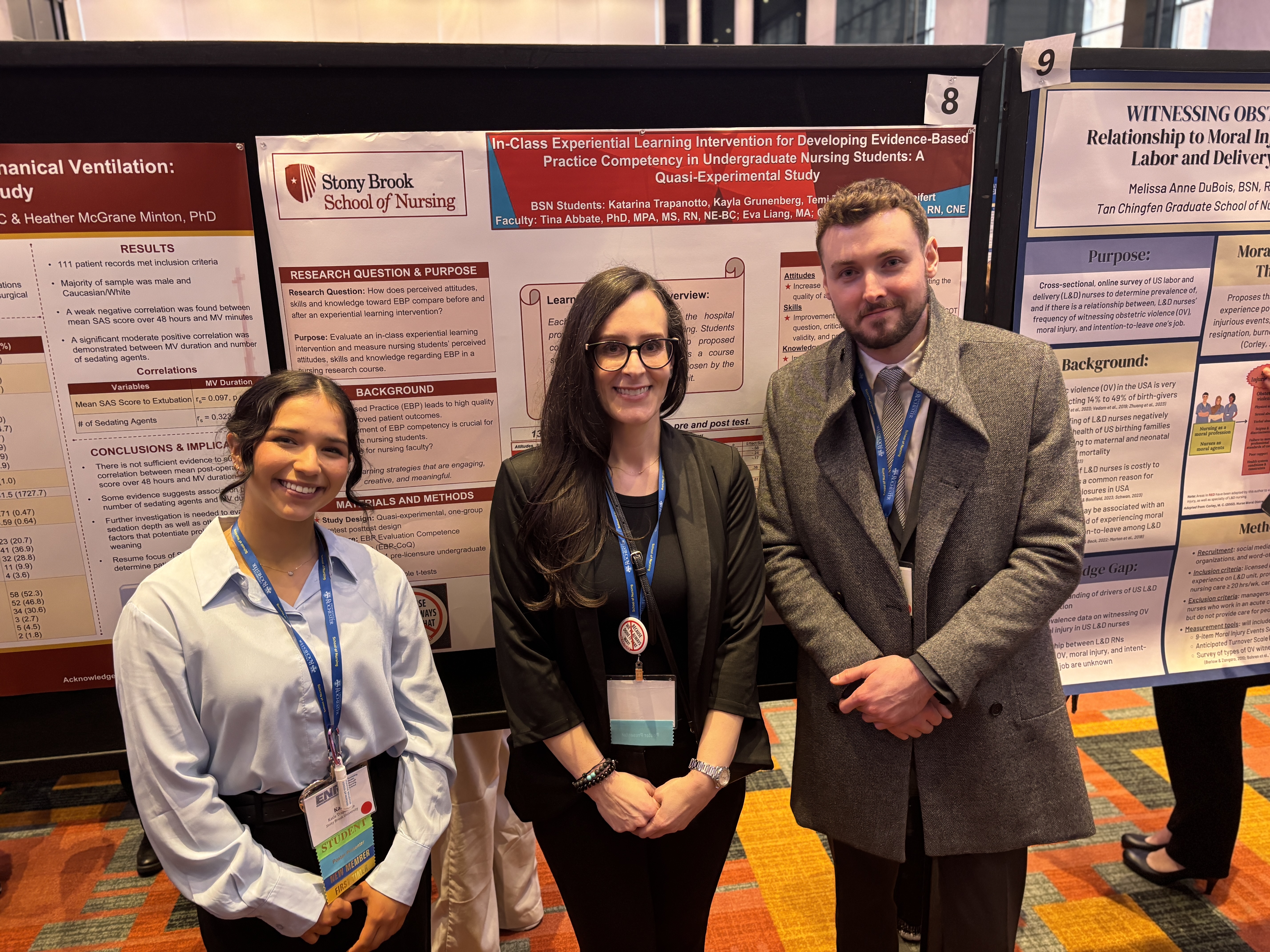 L to R: Undergraduate Student Katie Trapanotto, Dr. Tina Abbate, Undergraduate Student Kevin Reifert presenting their poster on In–Class Experiential Learning Intervention for Developing Evidence–Based Practice Competency in Undergraduate Nursing Students: A Quasi–Experimental Study